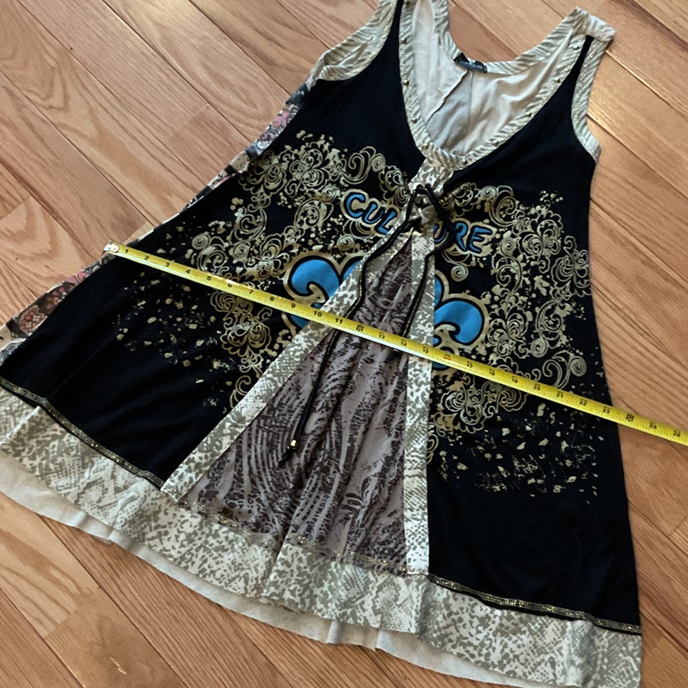 Black Boho Graphic Tank tunic Dress Turquoise NWOT Small Ptp 14 hits mid thigh - Picture 3 of 11